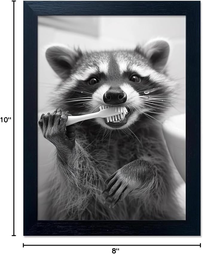 Raccoon Bathroom Art Wall Decor Black And White Animal Picture Funny Raccoon Brushing Teeth Art Farmhouse Framed Prints Painting