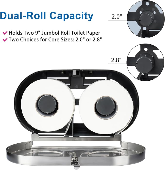 Twin Jumbo Toilet Paper Dispenser Wall Mount, 9" Commercial | Stainless Steel Double Roll Toilet Paper Holder, Industrial Large Tissue Dispenser with Lock, Brushed