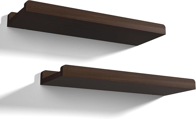 Love-KANKEI 17" Floating Wall Shelves with Lip,Solid Wood,Set of 2,Walnut | Protective Ledge,18 Lbs/shelf,Easy to Install,For Bedroom Living Room Bathroom Kitchen Office,Nursery Display,Wall Decor