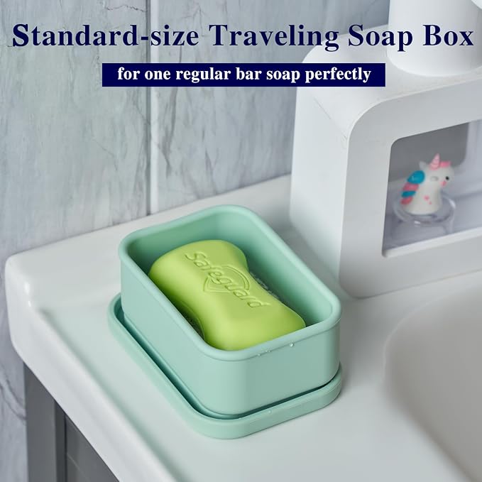 HighHerz Leak Proof Silicone Travel Soap Case with Draining Tray - Bar Soap Holder for Travel, Gym & Camping - Mess-Free Portable Soap Container for Carry-on Bags (Mint Green)