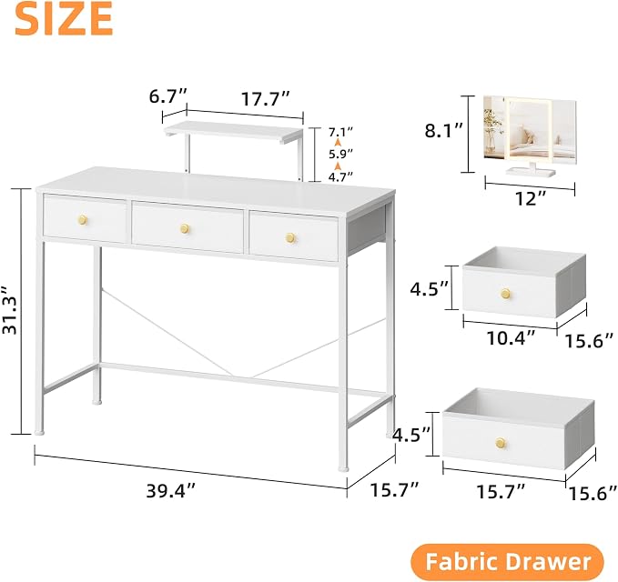 Small Makeup Vanity Desk 40''W with Mirror and Lights, 3 Drawers | USB Lighted Mirror, Height-Adjustable Stand, Fabric Drawers, Girls/Kids Gifts, Bedroom, Small Space, Dorm, White