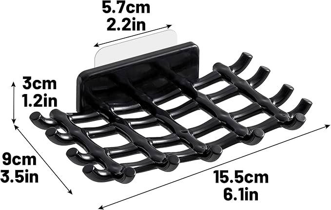Shower Soap Holder for Wall, Adhesive Bar Soap Dish with Self Draining Grid, Side Hooks and No Drilling Mount, Black, 4 Pack