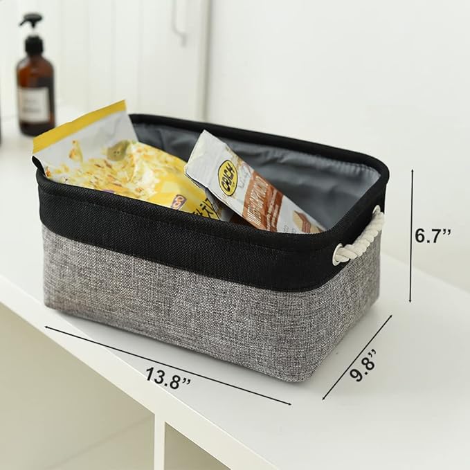 Storage Basket for Organizing - 14x10x7 inch Medium 3 Pack Collapsible Storage Bin for Shelves with Rope, Fabric Storage Cubes for Organizer Cloth Gift Toy Closet (Black & Grey)