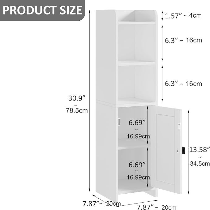 Lomojo Small Bathroom Storage Cabinet Corner, 7.87"Dx7.87"W x31.5"H (White) | Freestanding Narrow Toilet Paper Holder, Organizers for Bathroom Small Spaces Floor Cabinet with Adjustable Shelves and Door