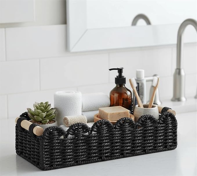 CubesLand Scalloped Toilet Paper Storage Basket W/Handle for Home Decor | Paper Rope Toilet Organizer Basket for Countertop, Over Toilet Shelf, End Table, Living Room Cozy Decorative & More, Black