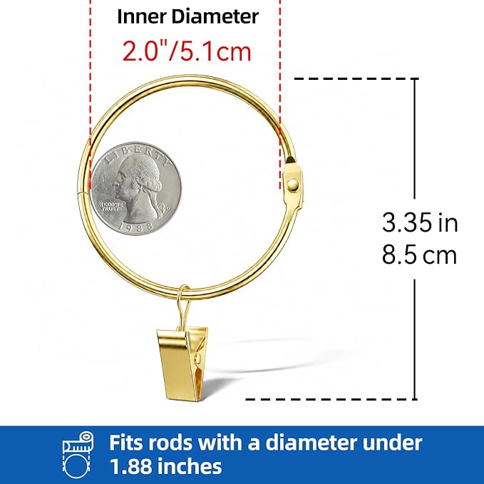 24 Pack 2 Inches Openable Curtain Rings with Clips | Drapery Metal Clip Iron Drapes Hangers Decorative for Windows Rods Rustproof, Gold