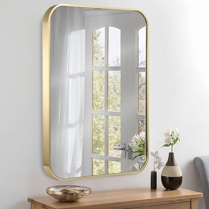 26x38 Inch Gold Bathroom Mirror, Brushed Brass Gold Metal Framed Rectangular Mirror with Rounded Corner, Bathroom Vanity Mirror for Bedroom or Living Room, Horizontal/Vertical