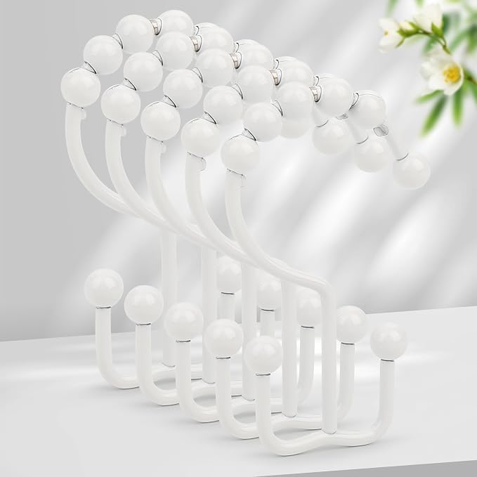 Resze Shower Curtain Hooks, Metal Double Shower Curtain Rings, White | Glide Roller Shower Hooks, Rust-Resistant Anti-Drop Shower Rings, Smooth Sliding Hooks for Bathroom Shower Rods Curtains