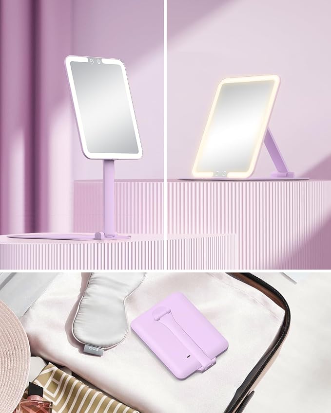 Gospire Travel Makeup Mirror with Lights and Magnification 10X, Purple | Portable Make Up Compact Tabletop Cosmetic, Adjustable Stand, 3 Color Dimmable Lights, Rechargeable Lighted LED Vanity Mirror