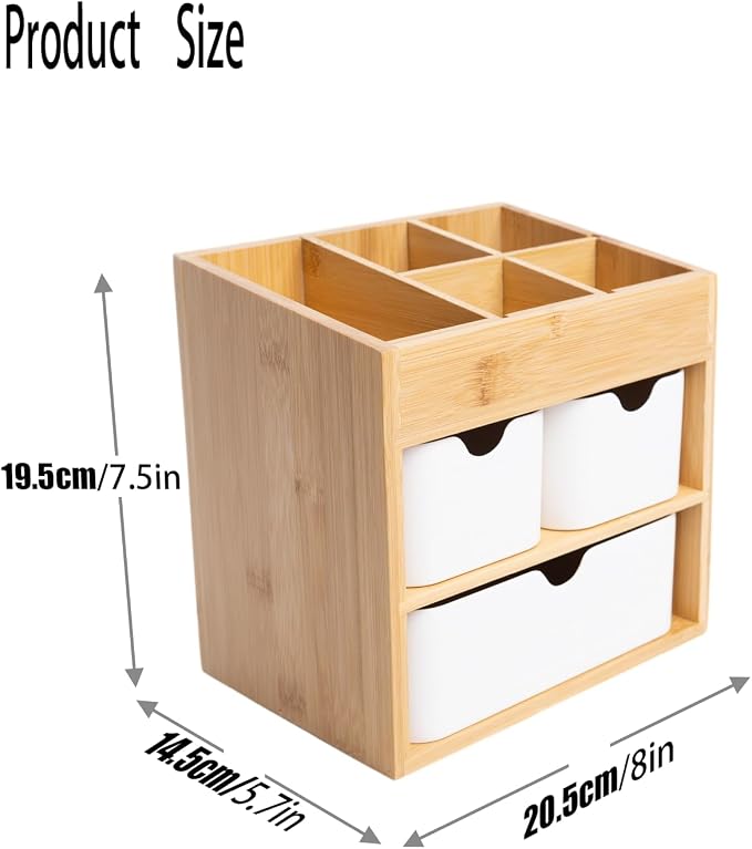 Small Bamboo Makeup Organizer（5.7" D x 8" W x 7.5" H） | Dresser Cosmetic Organizer Box Bamboo Desk Organizer for Home, Adjustable Dividers 3 Drawers