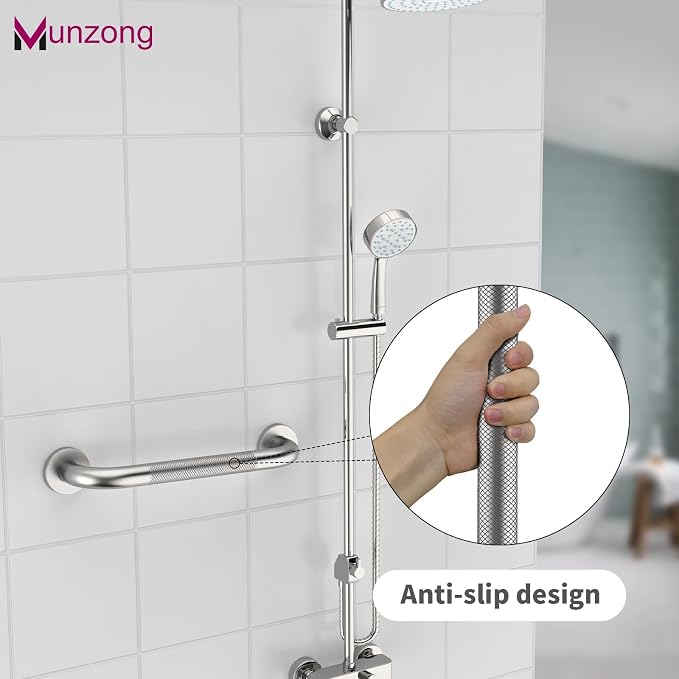 16 Inch Anti Slip Shower Grab Bar,Munzong Brushed Nickel Handicap Grab Bars | Knurled Bathroom Balance Bar Toilet Wall Rails Safety Hand Rail Support Elderly Senior Bath Handle