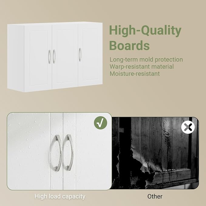 SoBuy Bathroom Wall Cabinet, Large 3-Door, 23.6 x 11.8 x 35.4 in, White | Adjustable Shelf Floating Wall Storage Cabinet, Multi-Scene Bathroom Cabinet For Laundry, Kitchen & Garage, FRG231-L-W