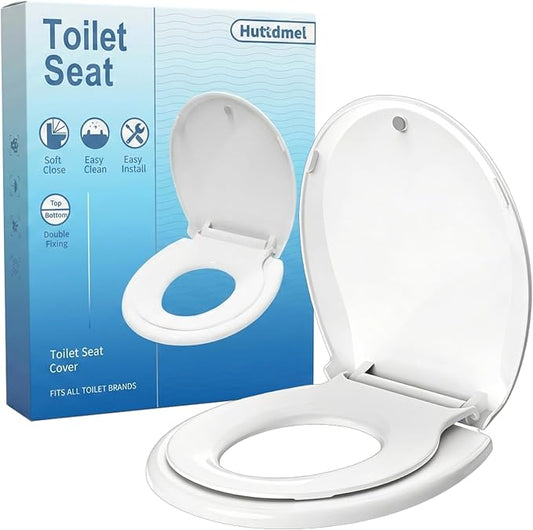 Huttdmel Round Toilet Seat with Toddler Seat Built In, 2 in 1 Adult & Child, Soft Close Quiet Lid, Magnetic Child Seat, Top & Bottom Mount, Never Loosen Hinges, Fits Standard Round Toilets, White