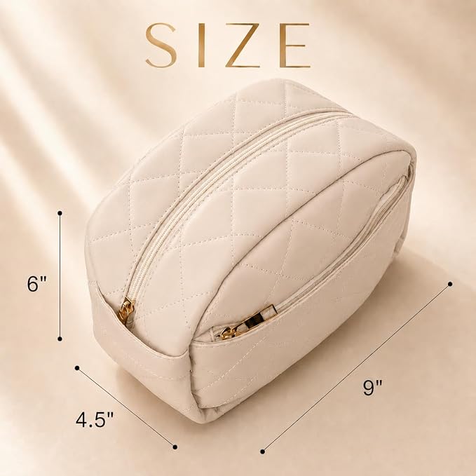 Travel Makeup Bag for Women | Quilted 9 x 4.5 x 6 in PU Leather Double-Layer Cosmetic Organizer with Mesh and Zipper Pockets, Travel Toiletry Bag, Beige