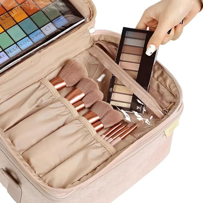 NISHEL Large Makeup Bag Organizer, Double Layer Cosmetic Travel Case | Organizer for brushes, bottles, makeup and skin care products, ideal for trips and daily use, Pink, Extra Large