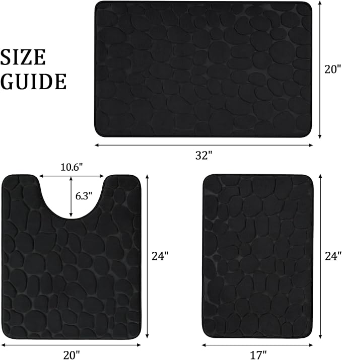 Bathroom Rugs Mat Set, Memory Foam Bath Mat 3 Piece Black | U Shape+Small Mat, Non Slip, Water Absorbent, Washable, Bath Mat For Bathroom, Sink and Toilet