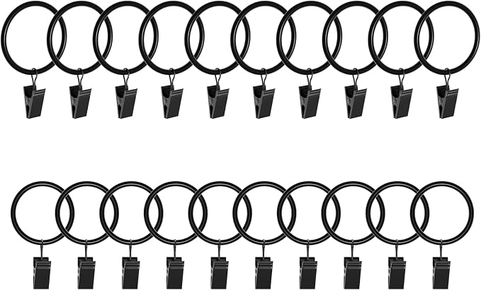 Lansian 20 Pack Curtain Rings with Clips Hooks 1.5 in Diameter Rustproof | Matte Metal Stainless Steel Drapery Rings for Tension Rod Bracket Eyelets Decorative Hanger, Fits 1.38 in Rods, Black