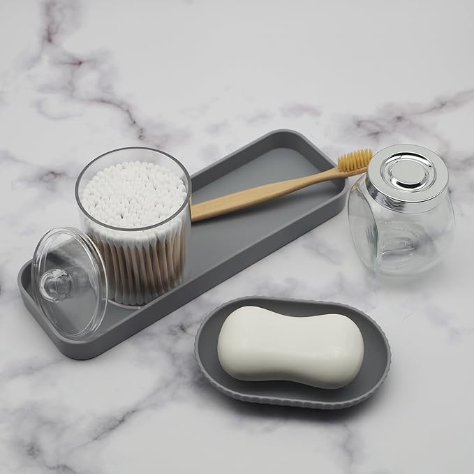 Bathroom Accessory Set, 10 Piece Grey Bathroom Set Complete | Includes Trash Can, Soap Dispenser, Toothbrush Holder, Soap Holder, Tumbler, Toilet Brush, Tray, Qtip Holders, Tissue Cover