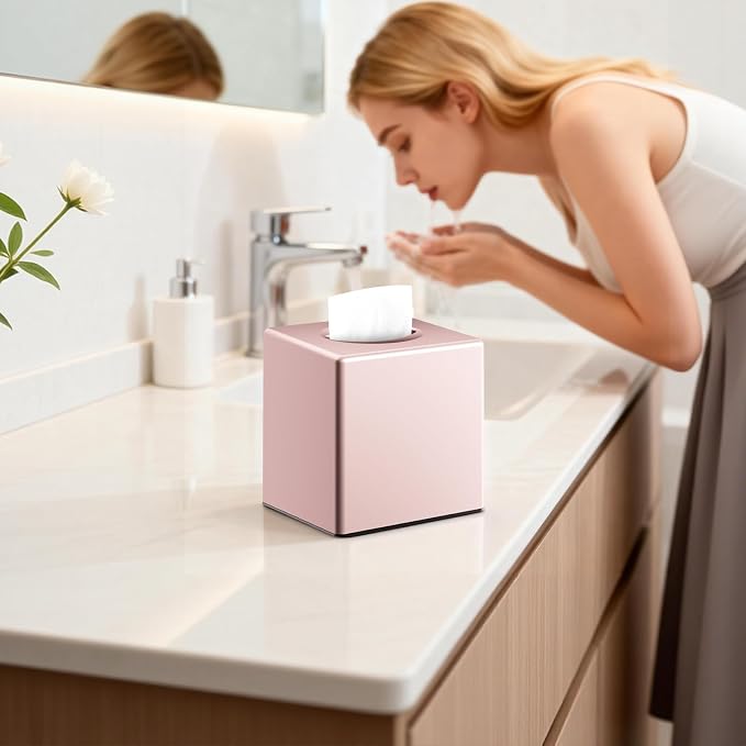 Y-in Hand Square Tissue Box Cover, Cube Facial Tissue Box Holder, Pink | Modern Home Accessory with Removable Bottom for Easy Refills. Designed for Bathroom Vanity, Dressers, Nightstands and Office.