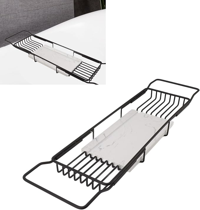 Marhynchus Metal Marble Bathtub Rack, Bathtub Caddy Tray Stainless Steel Shower Caddy Tray with Extending Sides, Bathroom Trays (Black White)