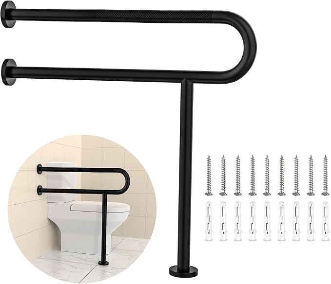 Toilet Grab Bar 32Inch with Leg, YuanDe Matte Black Wall Mounted Safety Bar | Stainless Steel Anti-Slip Bathroom Support Rail for Elderly Disabled Pregnant