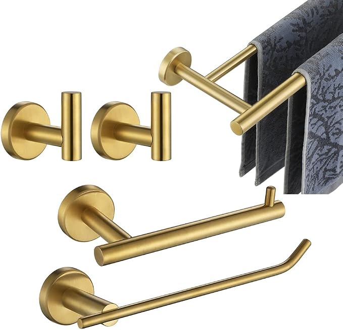 JQK Bathroom Hardware Set, 5-Piece Bath Accessories Set Brass Gold Wall Mount Includes 24 in Towel Bar, 9 in HT Bar, TP Holder, Towel Hook x 2 Brushed Gold, BAS105-BG