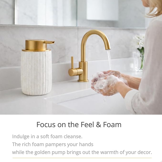 Speckled White Ceramic Foam Dispenser 2 Pack, Rippled Gold Top | Modern Minimal Design, Subtle Bathroom Upgrade, Elegant Gold Accent, Marble Decor Match, Soft Foam Pump, 12 oz Capacity