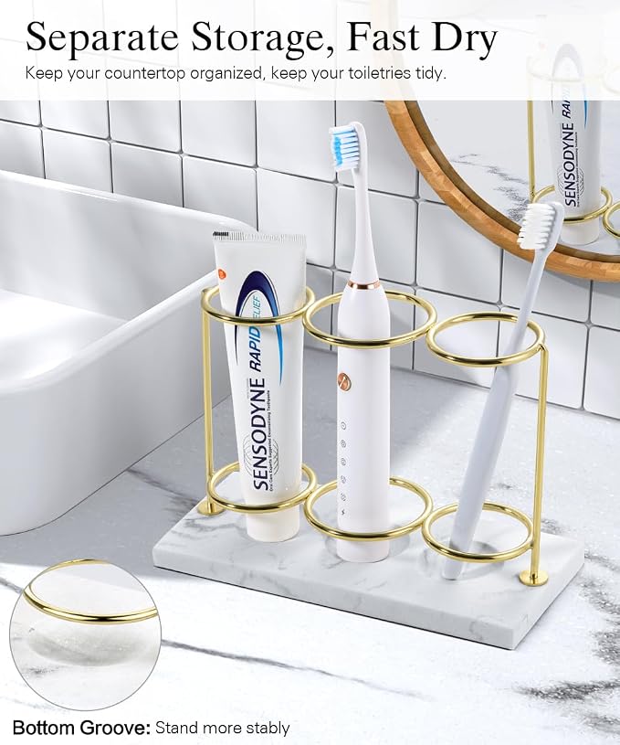 Emibele Electric Toothbrush Holder, 3 Slots 2-Layer Gold Toothbrush Holder | Bathroom Resin Toothpaste Razor Storage Non-slip Organizer for Bathroom Toothbrush Toothpaste Cleanser, Gold Marble White