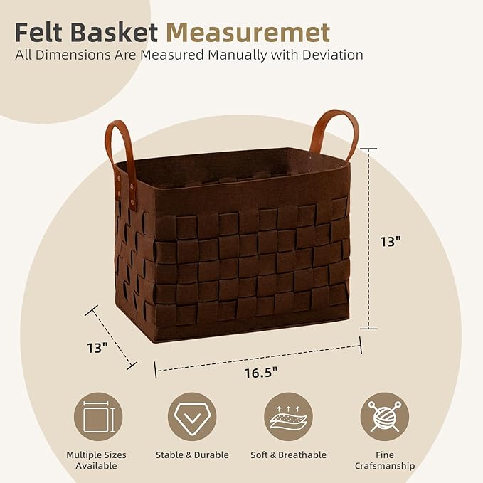Laundry Basket 16.5 " x13 x13 , Large Rectangular Felt Fabric Blanket Basket with Leather Handle, Dirt Clothes Laundry Hamper for Babies, Dogs and Living Room-Brown