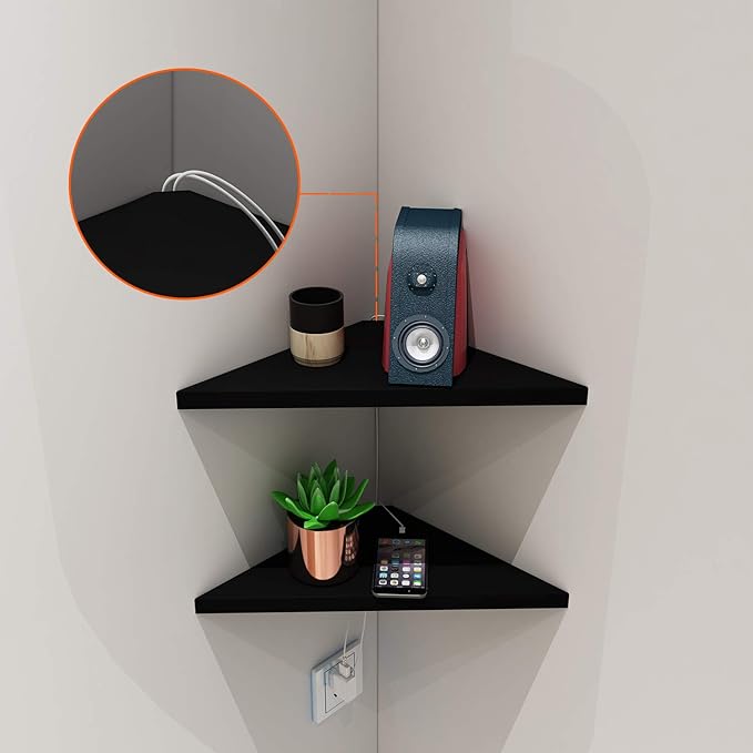 evron Corner Mounting Shelf Set of 2 – Easy to Install Floating Wall Shelves with Wood Grain Finish, Durable and Waterproof ABS Plastic for Kitchen, Bathroom, Living Room Home Décor