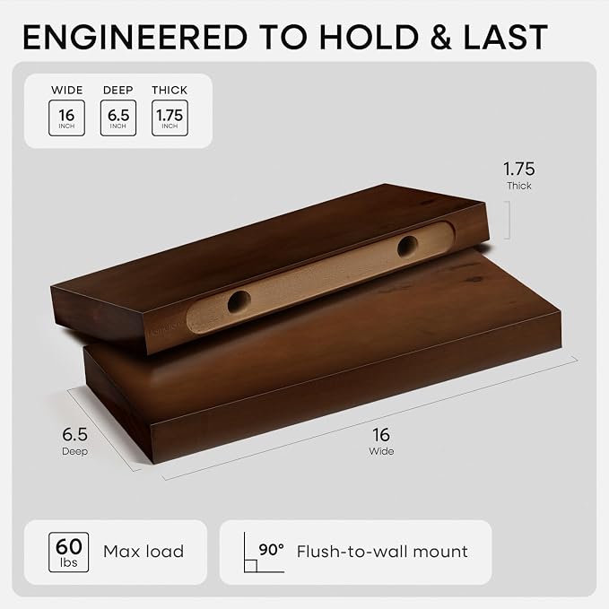 Walnut Floating Bathroom Shelves, High End Solid Real Wood 16 inch Small Floating Shelf for Wall Mounted, Dark Brown 16inch Floating Shelves, Heavy Duty Bracket, 16 X 6.5 X 1.75 in, Set of 2