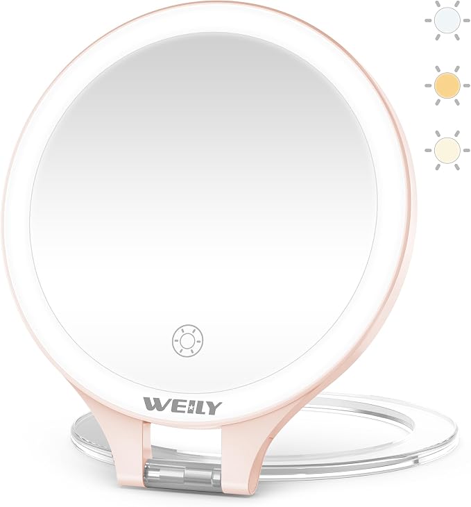 WEILY Magnifying Makeup Mirror 10X/1X, Travel Mirror with Light | Double Sided Rechargeable Mirror with 3 Color Lights for Makeup, Tweezing, Blackhead and Come Done Removal (Pink)