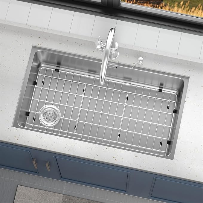SANNO Sink Protectors and Bottom Grid for Kitchen,Sink Grate Rack Side Drain Hole,Stainless Steel, 28-1/4"L x 14-1/4"W