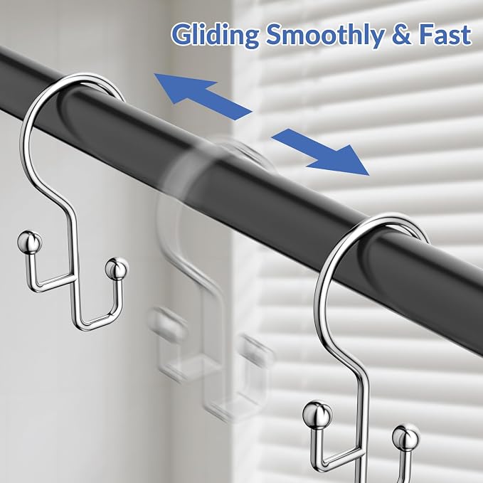 Shower Curtain Hooks, Silver Shower Curtain Hooks Rust Proof, Anti-drop Metal Shower Curtain Rings Hooks, Double Shower Hooks for Shower Curtain, Shower Rings for Curtain & Liner, Silver-12 Pcs