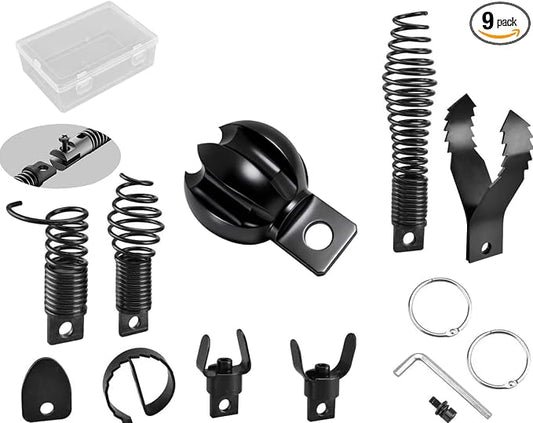 8+1 Heavy Duty Drain Snake Kit 6-Blade Grease Cutter + 8-Piece Clog Remover Set – Rustproof Manganese Steel & CNC Machined – Fits 3/8" to 3/4" Cables