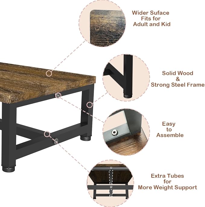 Wooden Step Stool for Toddlers Kids and Adults, Heavy Duty Stepping Stools with 300 LB Load Capacity, Foot Step Stool for Bed, Bedroom, Living Room, Bathroom, Kitchen- Rustic Brown & Black