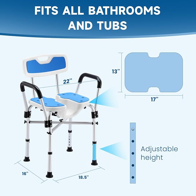 U-Shaped Shower Chair for Inside Shower, Adjustable Chair with Arms & Back | FSA/HSA Eligible, 600lb Capacity, Crossbar Design, Adjustable Height, Tool-Free, Non-Slip Bath Chair for Elderly and Disabled