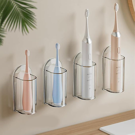 4 Pack Electric Toothbrush Holders for Bathroom, Wall Mounted Clear Electric Toothbrush Organizer, Self Adhesive Bathrooms Toothbrush Storage for Shower, Saving Space and Keep Drying