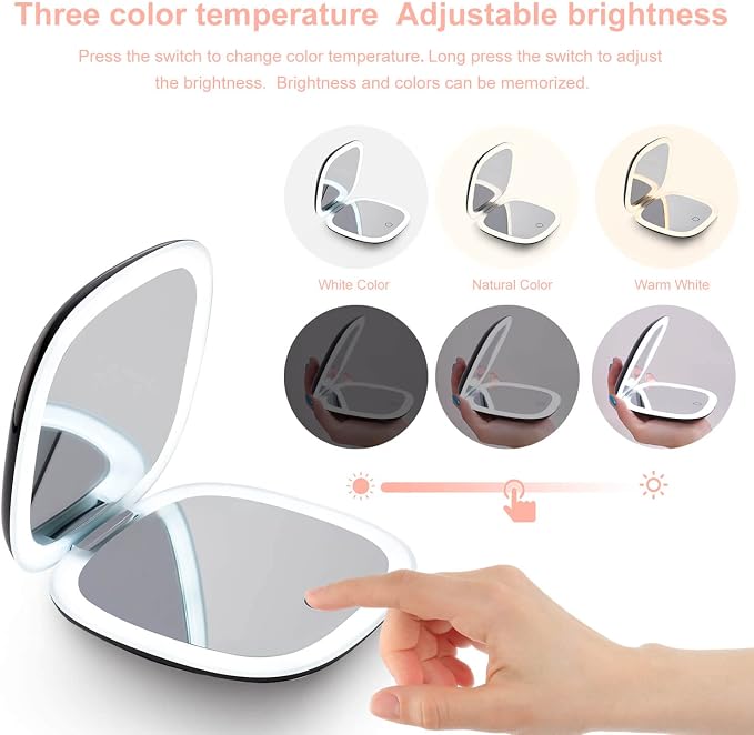 Mocado Compact LED Magnifying Travel Makeup-Mirror - 4 inches 1X/10X Magnification Small Hand Pocket Dimmable Double Sided USB Rechargeable Touch Screen, Portable Tabletop Cosmetic (Black) | Double Sides Lighted, 3 Colors Lighting, 0-100% Brightness, D...