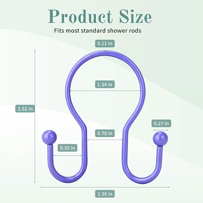 Shower Curtain Hooks, 12 Pcs Shower Curtain Rings, Stainless Steel Shower Curtain Hangers, Metal Shower Curtain Hooks Rings Rust Proof, Minimalist Shower Hooks for Shower Curtain, Purple