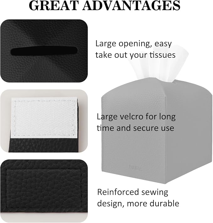 Tissue Box Cover Holder Square Tissue Cube Cover PU Leather Tissue Organizer with Bottom Belt for Bathroom, Tabletop, Car, Night Stands, Office, Home, Kitchen (1, Black)