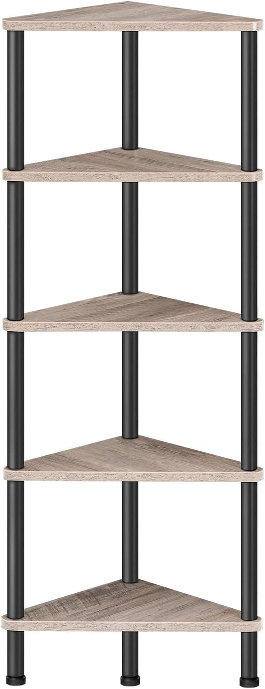 HOOBRO Corner Shelf Stand, Industrial 5-Tier Corner Bookshelf with Metal Frame, Corner Shelf Stand Display Plant Flower, Corner Bookcase for Small Spaces, Living Room, Greige and Black BG33CJ01