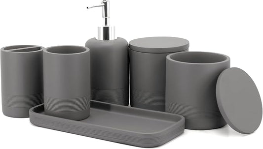 Gray Bathroom Accessories Set 6 Pieces - Toothbrush Holder, Lotion Dispenser, Qtip Container, Vanity Tray, Tumbler - Countertop Organizer for Bathrooms - Elegant and Functional Décor Set