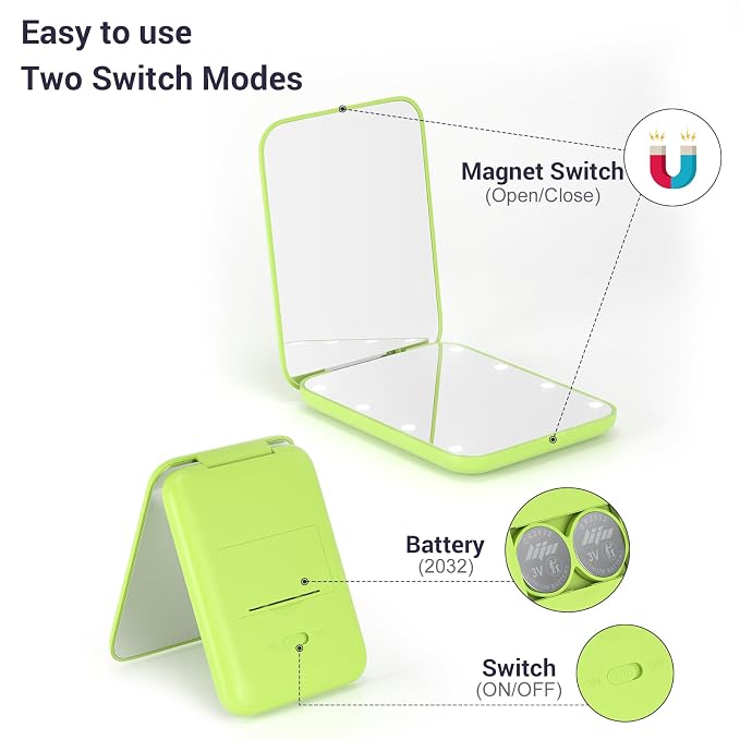 Kintion Pocket Mirror, 1X/3X Magnification LED Compact Mirror (Light Green) | Travel Mirror with Light for Purse, 2-Sided, Portable, Folding, Handheld, Small Lighted Mirror for Gift
