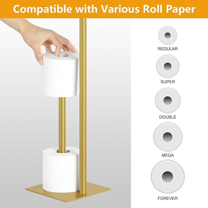 Toilet Paper Holder Stand Beige Gold Free Standing TP Holder, Metal Toilet Paper Roll Holder with Reserve Bathroom Tissue Storage Holder, Beige Gold