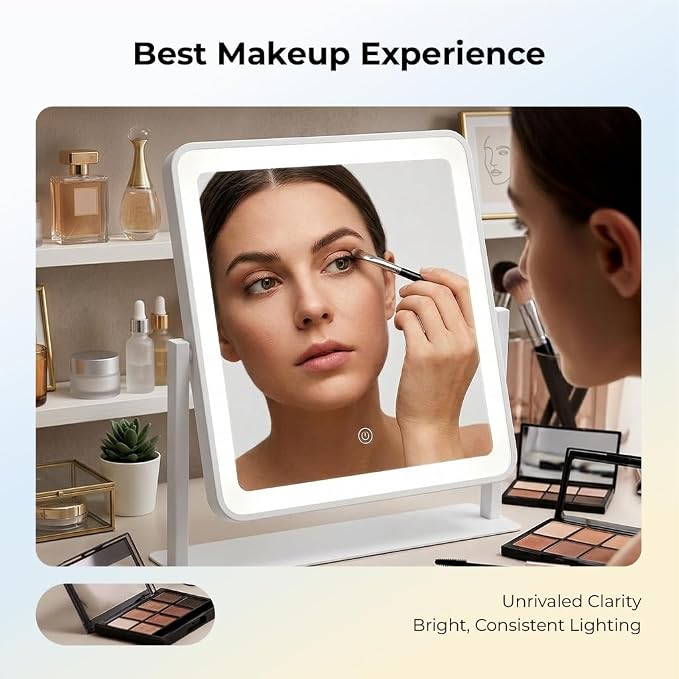12" x 14" Vanity Mirror with Light, Lighted Makeup Mirror | 3 Color Lighting and Stepless Dimming, Plug-in Required, Memory, Easy Installion, Smart Touch, White