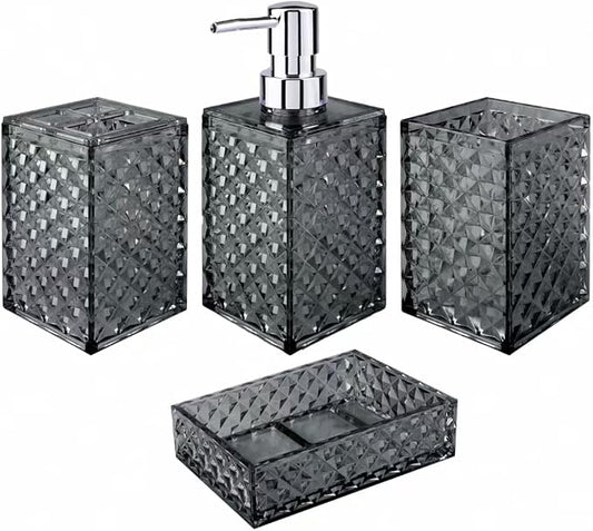 Bathroom Accessory Set, Grid Pattern 4 Pcs Plastic Bathroom Set, Grey | Include Soap Dispenser, Soap Dish, Toothbrush Holder, Mouthwash Cup, Modern Bathroom Decor Set