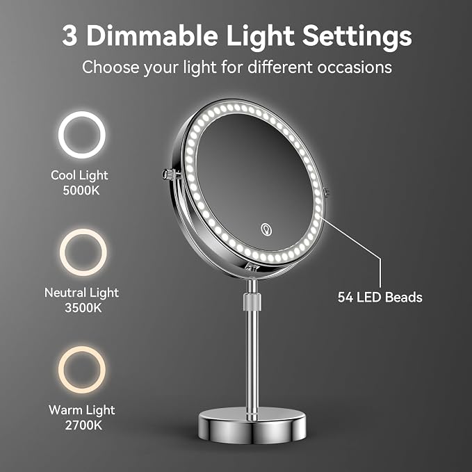 Nicesail LED Lighted Makeup Mirror Tabletop, 10X Magnifying Mirror with 3 Color Lights, Brightness Adjustable Height, Light up for Desk Make up Vanity Table, Double Sided Chrome Finish (8 Inch, 10X)