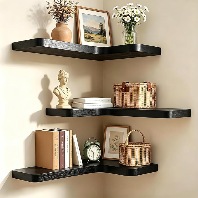 Floating Corner Shelves, Wall Shelf Set of 3, Shelves for Wall Storage, Solid Wood Shelves for Storage, Wall Mount Wooden Display Shelf for Bathroom Bedroom Kitchen Garage (Black 3 Pcs)