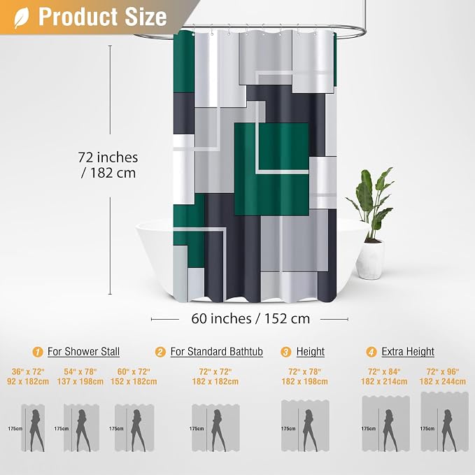 60x72 Stall Modern Geometric Waterproof Shower Curtain, Emerald Green | Narrow Long, Premium Polyester, Weighted Hem, 10 Plastic Hook, Vibrant Color, Wrinkle-resistant, Quick-Dry, Machine Washable